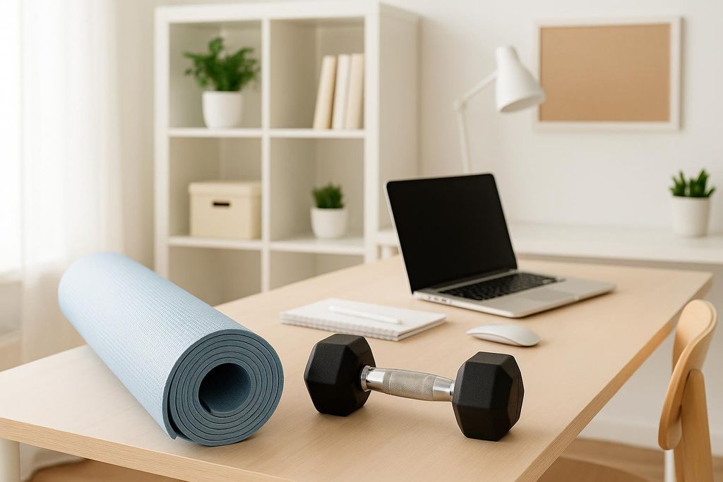 A light blue yoga mat and a black dumbbell are placed on a wooden desk next to an open laptop, suggesting a home office environment with equipment for exercise during a workday. A white shelf with plants and books is in the background.