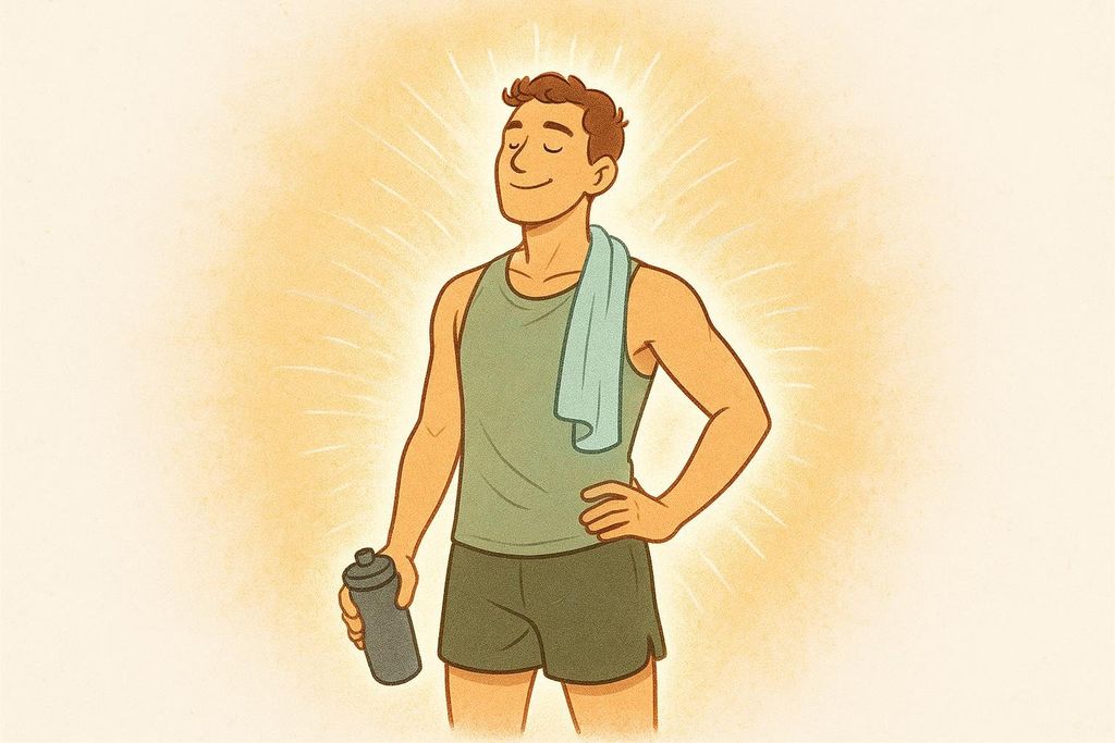 An illustration of a man with glowing a golden aura, wearing a tank top and shorts, holding a water bottle, suggesting a post-workout elevated metabolism or well-being.