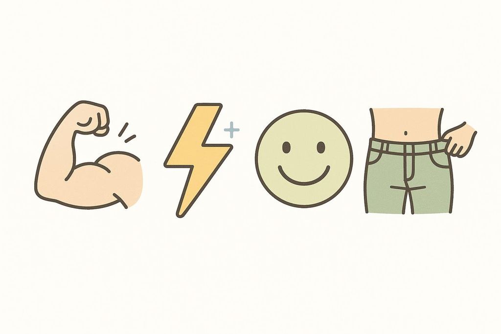 Icons for strength (flexed arm), energy (lightning bolt), mood (smiley face), and clothing fit (person pulling out baggy pants), illustrating non-scale victories often associated with health or weight loss journeys.