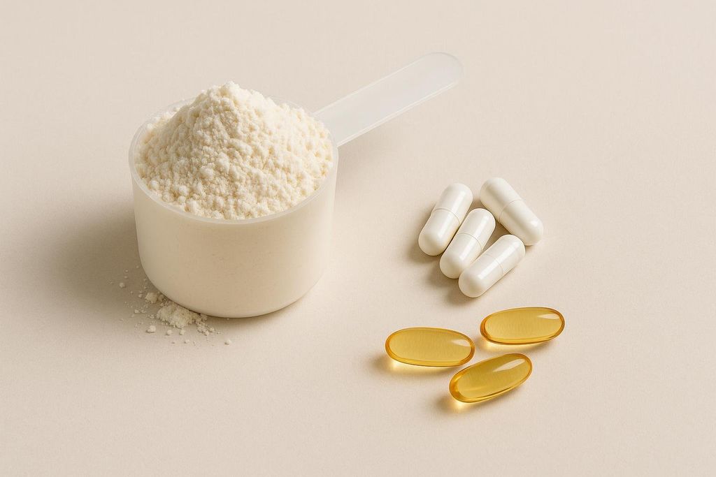 Common bulking supplements: whey protein powder in a scoop, creatine capsules, and fish oil softgels.