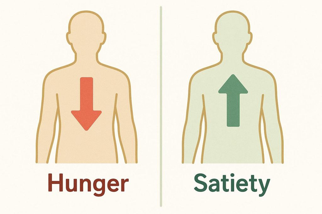 An illustration depicting two human torsos. The left torso, labeled 'Hunger,' has a red downward arrow, signifying a decrease. The right torso, labeled 'Satiety,' has a green upward arrow, signifying an increase. This image conveys a visual representation of how hunger decreases and satiety increases.