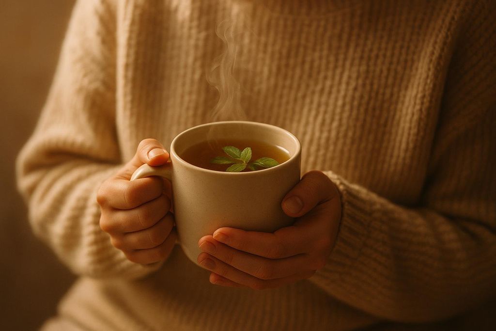 A close-up of a person wearing a beige knitted sweater, holding a steaming mug of herbal tea garnished with mint leaves. The steam rises from the warm beverage, suggesting a cozy and comforting atmosphere.