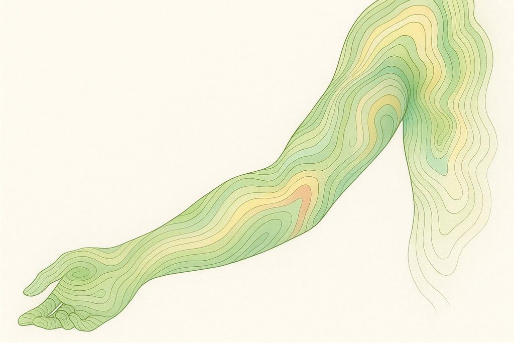 An illustration showing a human arm and hand rendered with topographic elevation lines, giving it a map-like appearance. The lines form contours across the arm, with shades of green, yellow, and a touch of reddish-orange indicating different elevations or patterns on the surface.