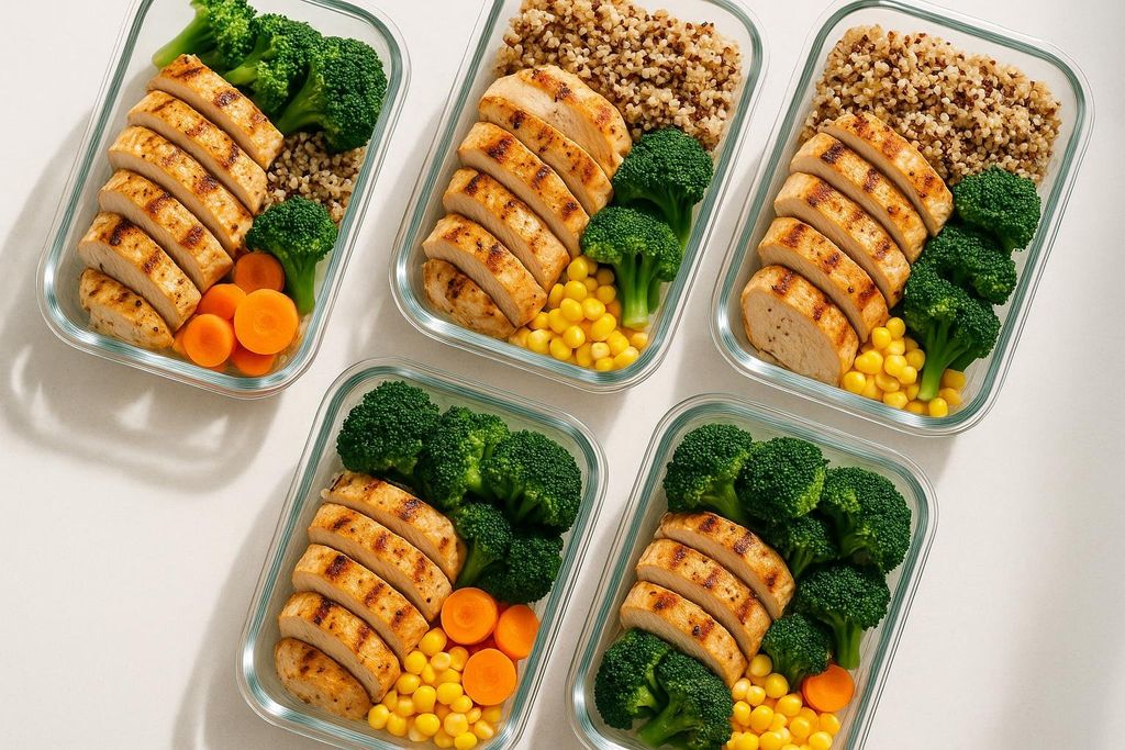 Five meal prep containers filled with sliced grilled chicken, broccoli florets, and either sliced carrots or corn, neatly arranged.
