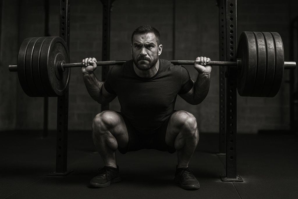 A man with a serious expression performs a heavy back squat in a gym, with large weight plates on the barbell.