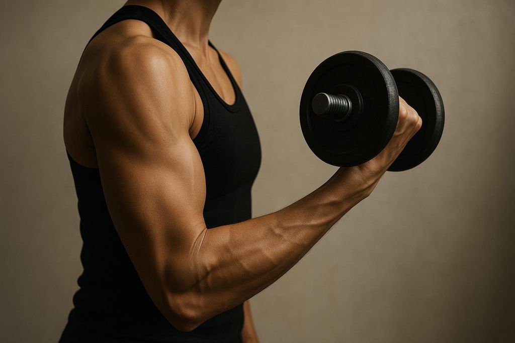 A close-up shot of a person's toned arm holding a dumbbell, symbolizing lean muscle gain.