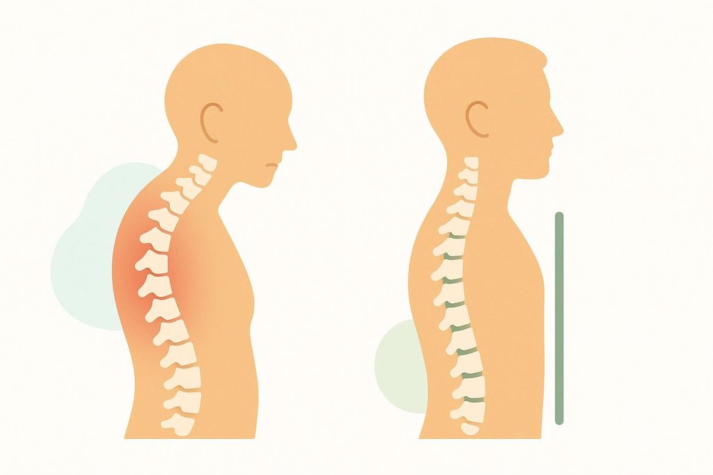 An illustration comparing two human figures in profile. The figure on the left has a hunched posture with a curved upper spine, indicated by a red glow, suggesting pain or poor alignment. The figure on the right has an upright, straight posture with a healthy, well-aligned spine. A green vertical line behind the right figure emphasizes the straightness of the healthy spine.