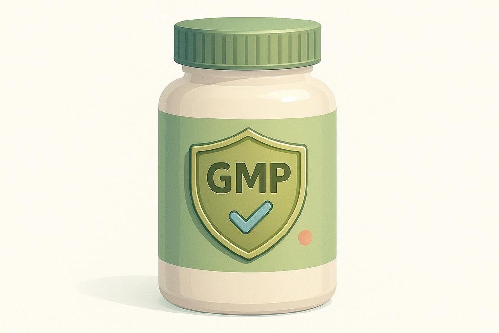 Illustration of a supplement bottle with a green label featuring a shield emblem with 'GMP' and a checkmark, indicating Good Manufacturing Practice certification for quality.
