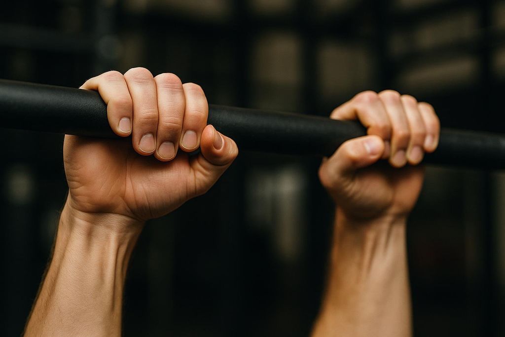 A close-up view of two hands with an overhand grip on a black pull-up bar, demonstrating a secure hold for exercises like hanging leg raises. The background is dark and blurred, focusing attention on the hands and bar.