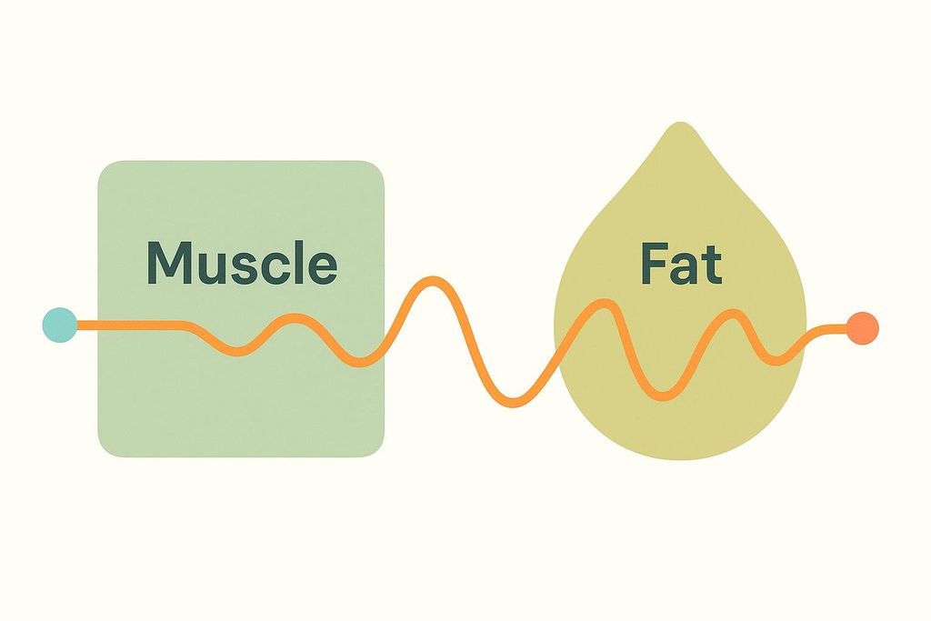 A diagram illustrating an electrical signal, represented by an orange wavy line, passing through a green square labeled 'Muscle' and a yellow teardrop shape labeled 'Fat', indicating differential transmission.