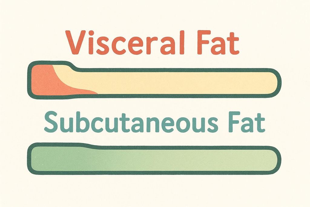 Illustration comparing the reduction of visceral and subcutaneous fat with progress bars. The top bar, labeled 'Visceral Fat', shows a larger initial reduction indicated by a filled section, compared to the bottom bar labeled 'Subcutaneous Fat', which shows a smaller initial reduction.