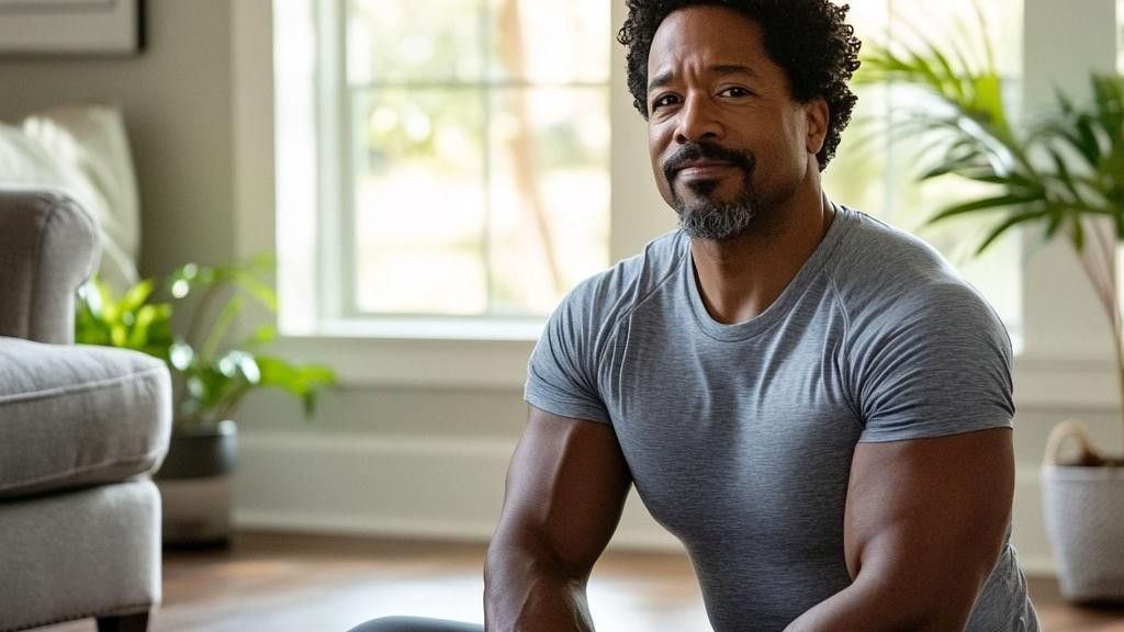 A man with graying facial hair wears a gray t-shirt and smiles slightly at the camera in a sunlit room with a plant in a pot behind him.
