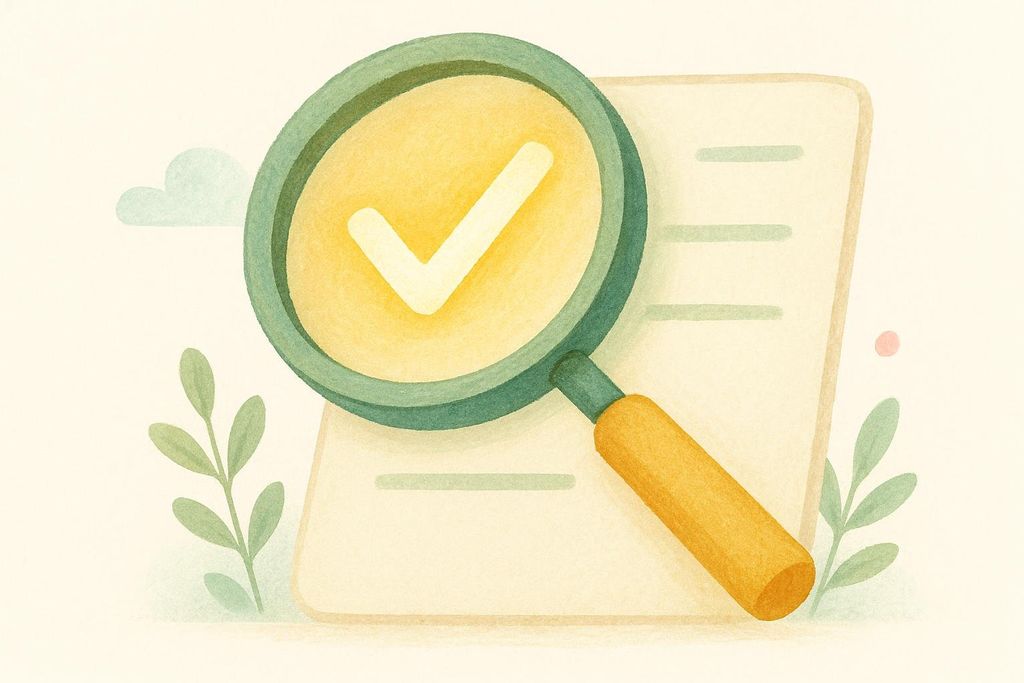 A watercolor illustration of a magnifying glass with a white check mark over a yellow circle, positioned above a document with green lines. Green leaves and a light blue cloud are in the background, suggesting a positive review or approval of paperwork.