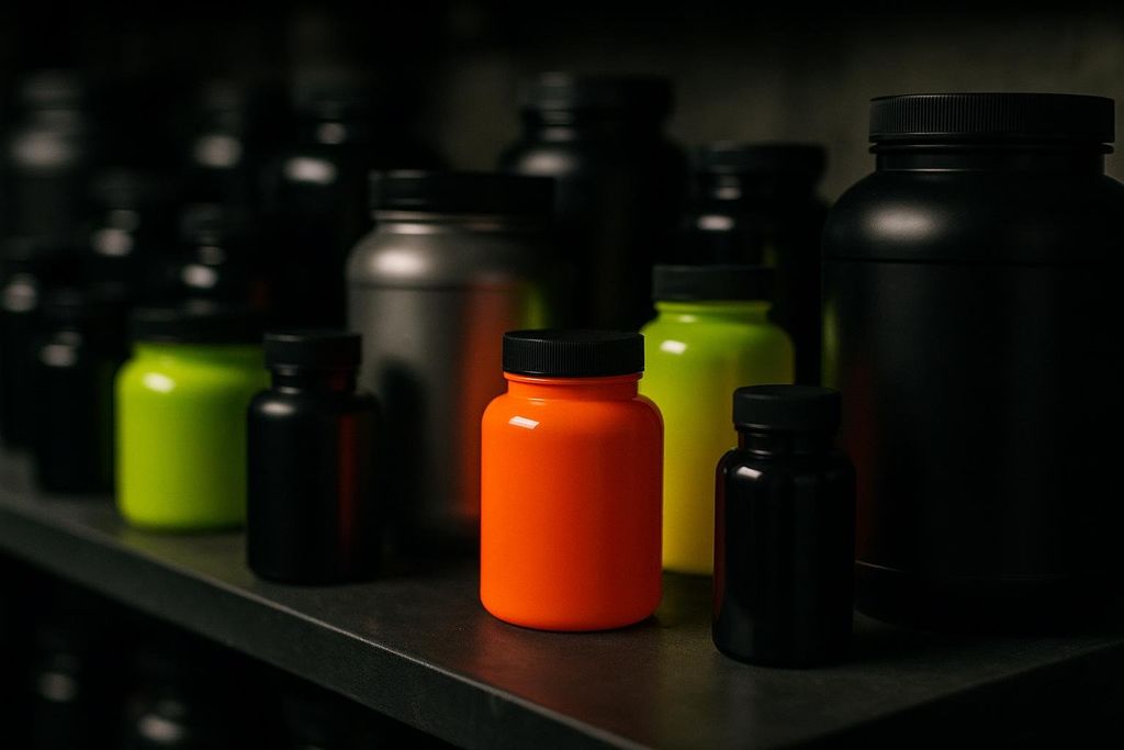 A dark, moody close-up of a shelf with various supplement jars. An orange bottle is prominent in the foreground, flanked by smaller black bottles, with blurred green, silver, and large black bottles in the background.