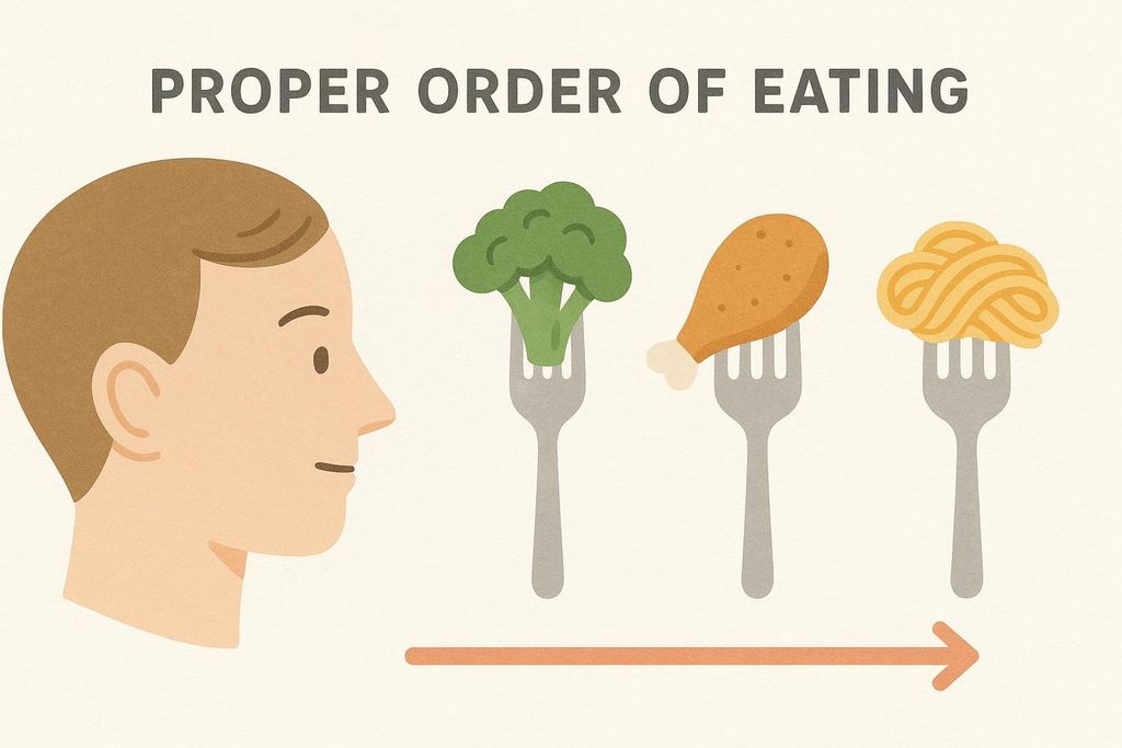 An illustration demonstrating the proper order of eating for blood sugar management. A person's head on the left looks towards three forks in a line: the first fork holds broccoli (vegetable), the second a chicken drumstick (protein), and the third spaghetti (carbohydrate). An arrow indicates the suggested eating order: vegetables, then protein, then carbohydrates.