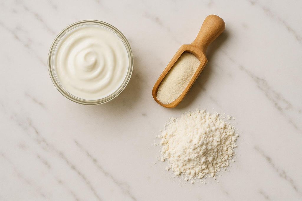 A bowl of Greek yogurt, a wooden scoop filled with whey protein powder, and a pile of flour arranged on a white marble countertop.