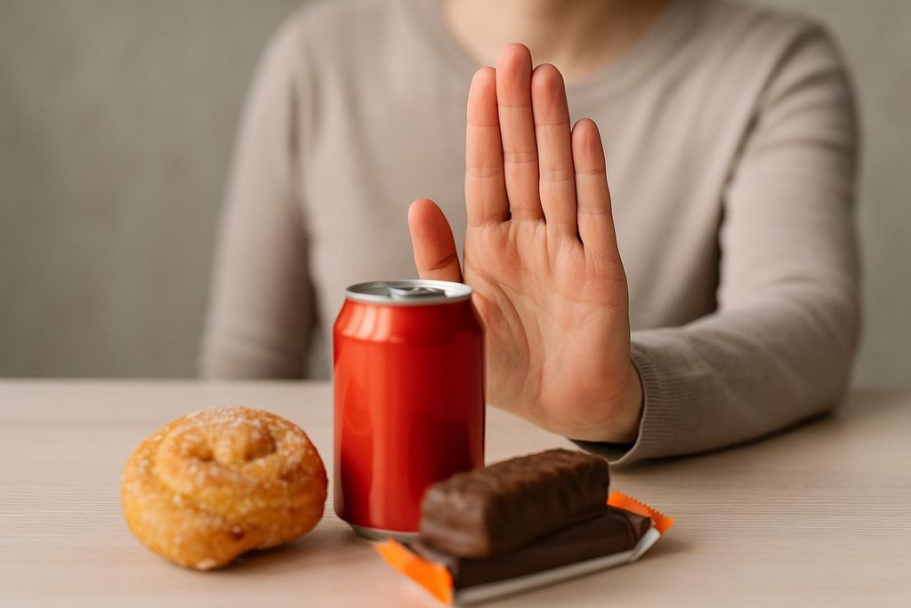 A person's hand raised in a 'stop' gesture towards a red soda can, a donut, and a chocolate bar on a table, symbolizing a choice to avoid unhealthy foods and sugary drinks.