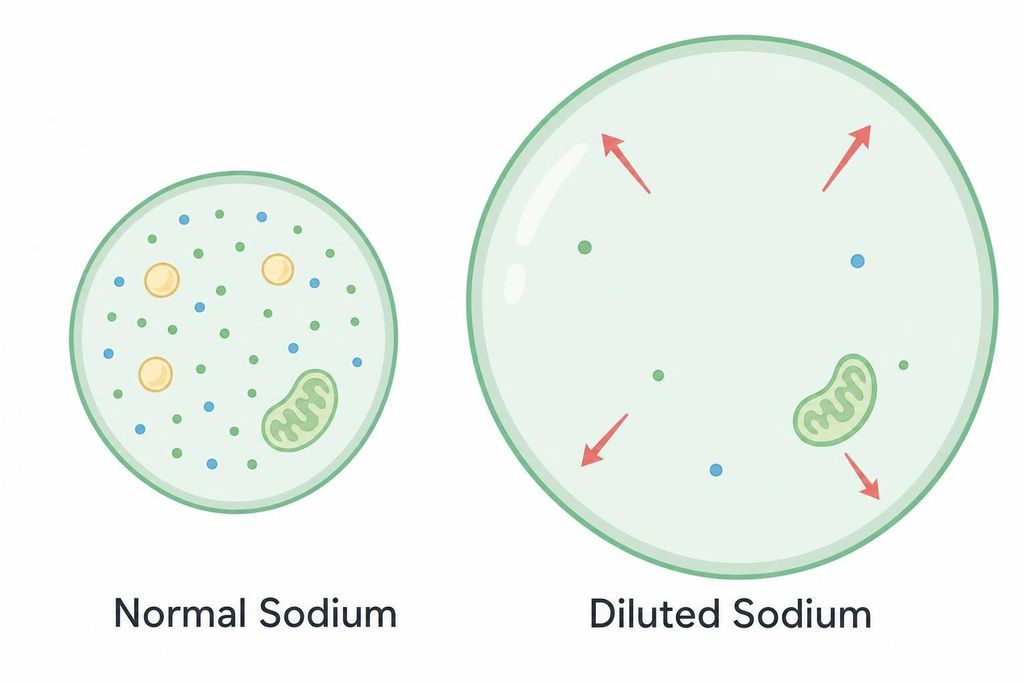 Diagram showing a comparison between a cell with normal sodium levels and a swollen cell with diluted sodium levels, indicating the outward pressure on the cell membrane in the latter.