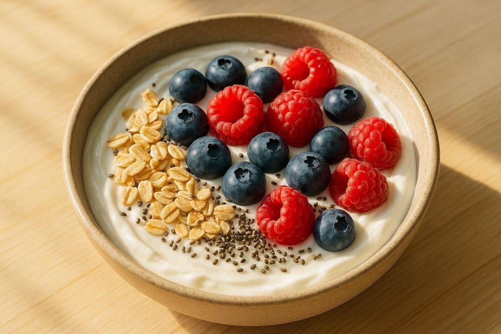 A close-up of a breakfast bowl containing white yogurt, topped with red raspberries, blue blueberries, golden rolled oats, and dark chia seeds. The bowl is light brown and sits on a light wooden surface.