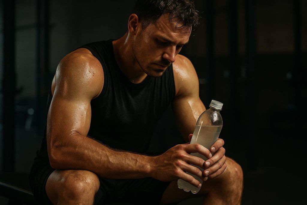A sweaty male athlete sitting on a gym bench, looking down as he holds a bottle of water or electrolyte drink with both hands after a hard workout.