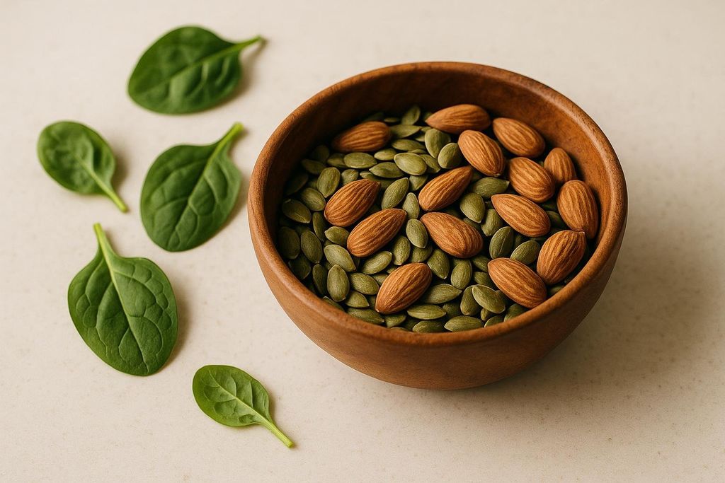 A close-up shot of a wooden bowl filled with green pumpkin seeds and brown almonds. Several fresh, green spinach leaves are scattered around the bowl on a light-colored surface.
