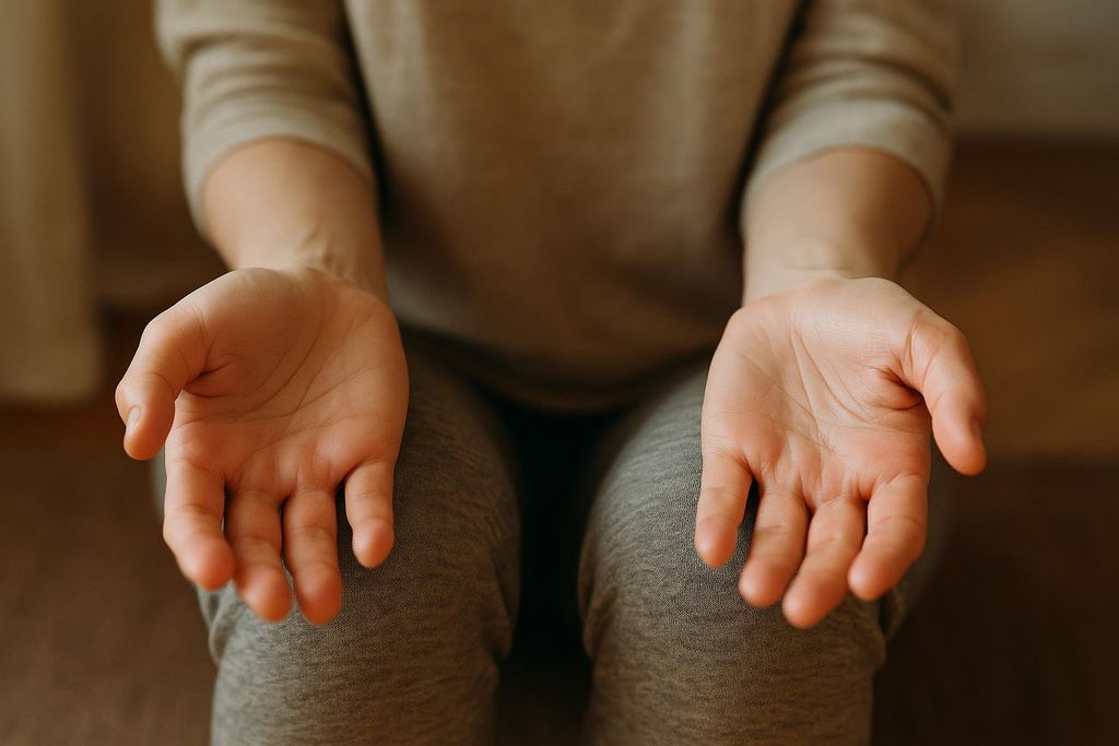 Close-up of a person's hands resting palms up on their knees. The person is wearing a light brown long-sleeved shirt and gray sweatpants. The background is blurred, suggesting an indoor setting.
