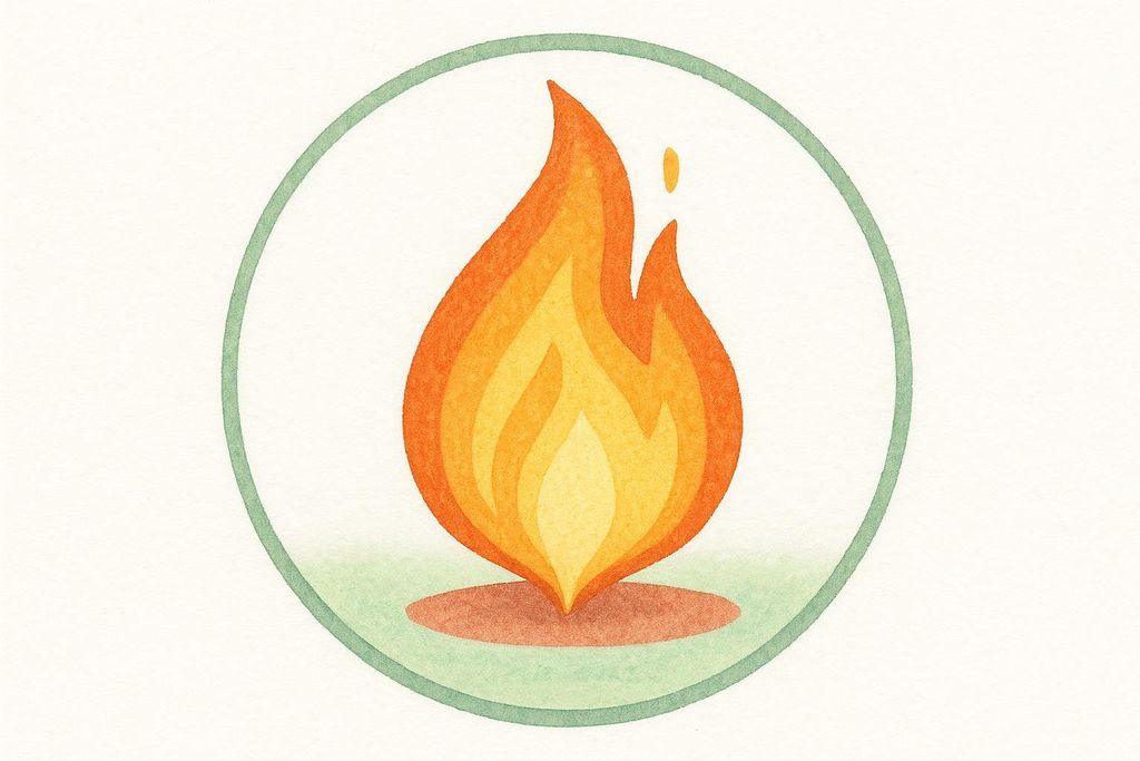 An illustration of a small, gentle flame with orange and yellow hues, set against a light background within a green circle. The flame represents digestive fire.