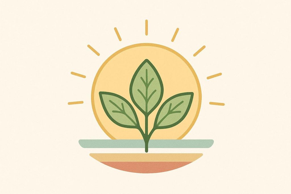 Stylized illustration of a rising sun behind an ashwagandha leaf representing daily progress. The sun is a yellow circle with short rays, and the plant has three green leaves on a thin stem, emerging from light blue and orange horizontal bands.
