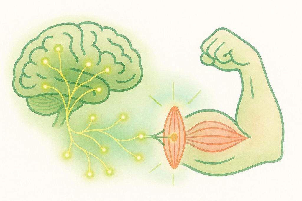 Illustration of a brain with glowing neural pathways connecting to a muscle in a flexing arm, representing neural adaptation for strength.