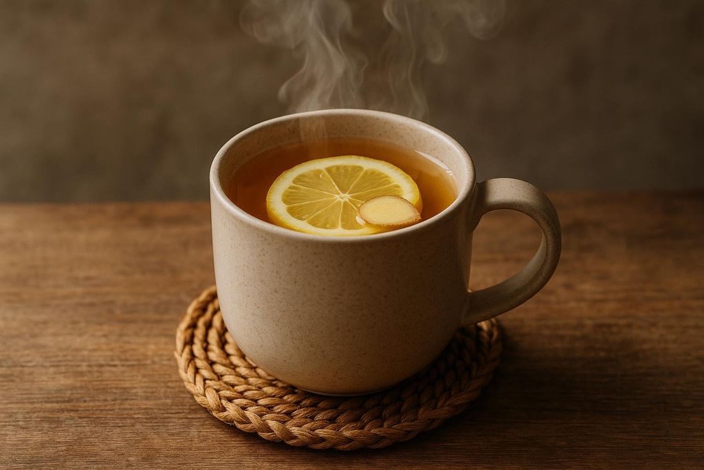 A warm, steaming mug of ginger lemon tea with a slice of lemon and ginger floating in it, resting on a braided coaster.