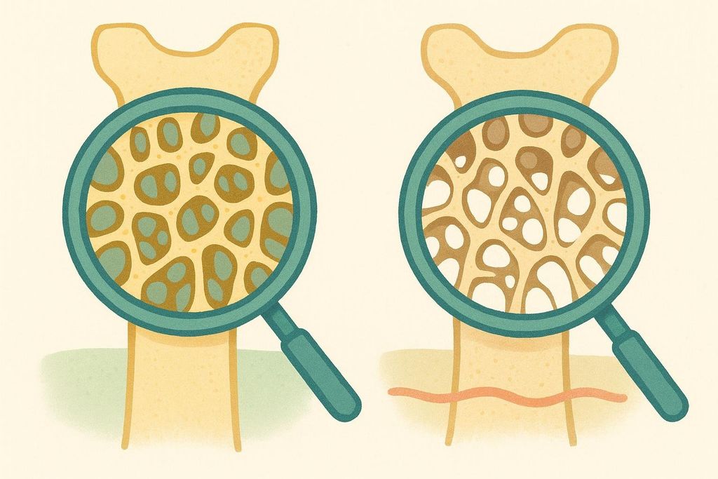 Illustration comparing dense, healthy bone structure with porous, weaker bone structure, relating to bone density, viewed through magnifying glasses.