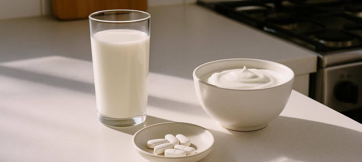 A healthy breakfast setting with dairy products and calcium supplements on a sunny kitchen counter.