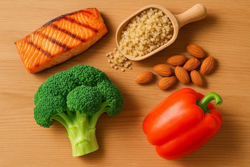A flat lay photograph on a light wooden surface featuring a grilled salmon fillet, a wooden scoop with quinoa, whole almonds, a vibrant green head of broccoli, and a bright red bell pepper, arranged to represent healthy eating.