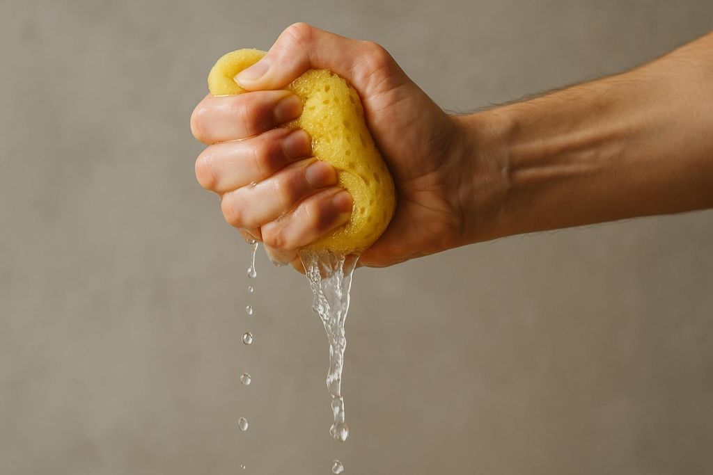 A hand squeezes a yellow sponge, causing a stream of water to flow downwards, with individual water droplets falling around it.
