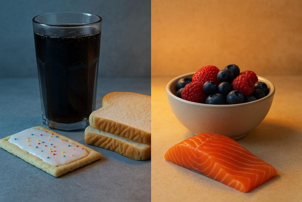 A divided image showing a visual comparison between inflammatory foods on the left like a glass of soda, a frosted pastry, and white bread, and anti-inflammatory foods on the right such as a bowl of berries (strawberries, raspberries, and blueberries) and a fillet of salmon.