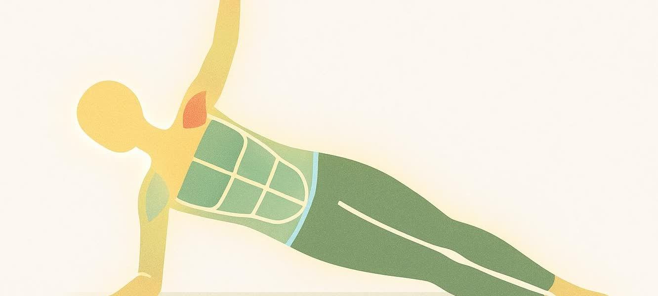 An illustration of a person performing a side plank. Different muscles in the core, shoulder, and arm are highlighted in varying shades of green and red to show activation.