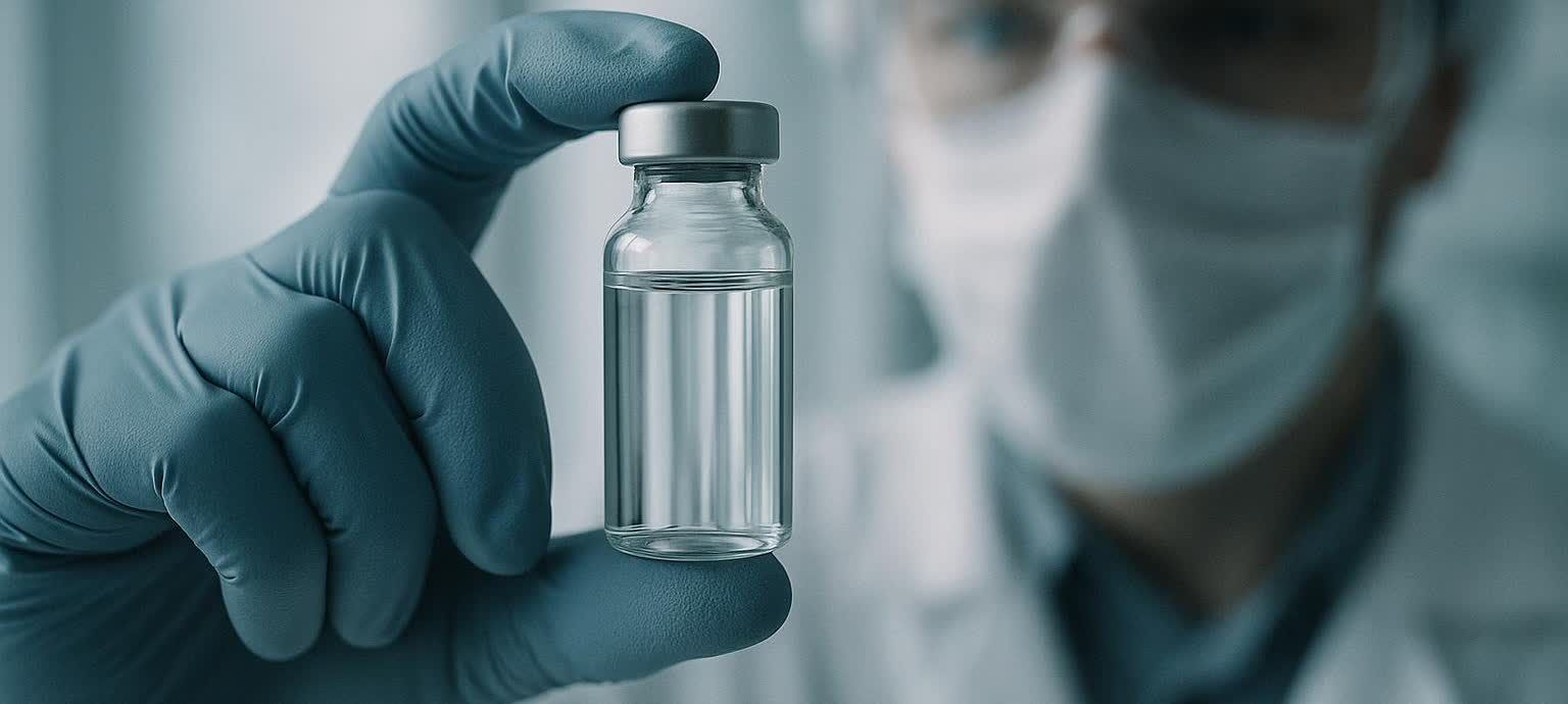 A scientist's gloved hand holding an unlabeled vial containing a clear liquid, with the blurred figure of the scientist wearing a mask in the background.