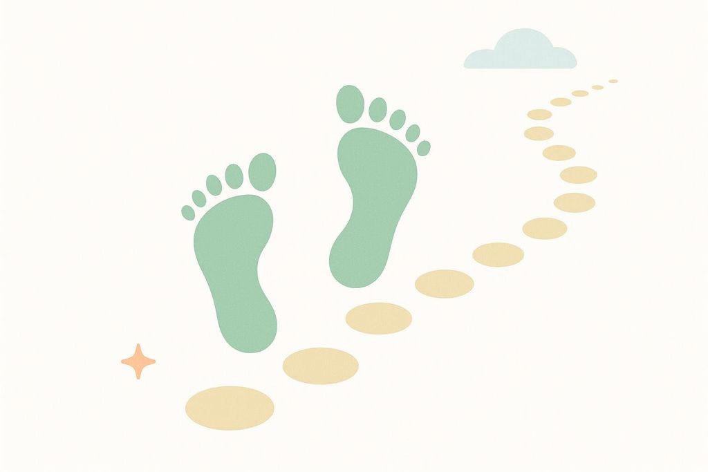 An illustration of two turquoise footprint icons walking on an upward-curving path of orange-yellow ovals, with a small orange star at the beginning of the path and a light blue cloud at the end. This represents the concept of NEAT (Non-exercise activity thermogenesis) which is the energy expended for everything we do that doesn't involve sleeping, eating or sports-like exercise.
