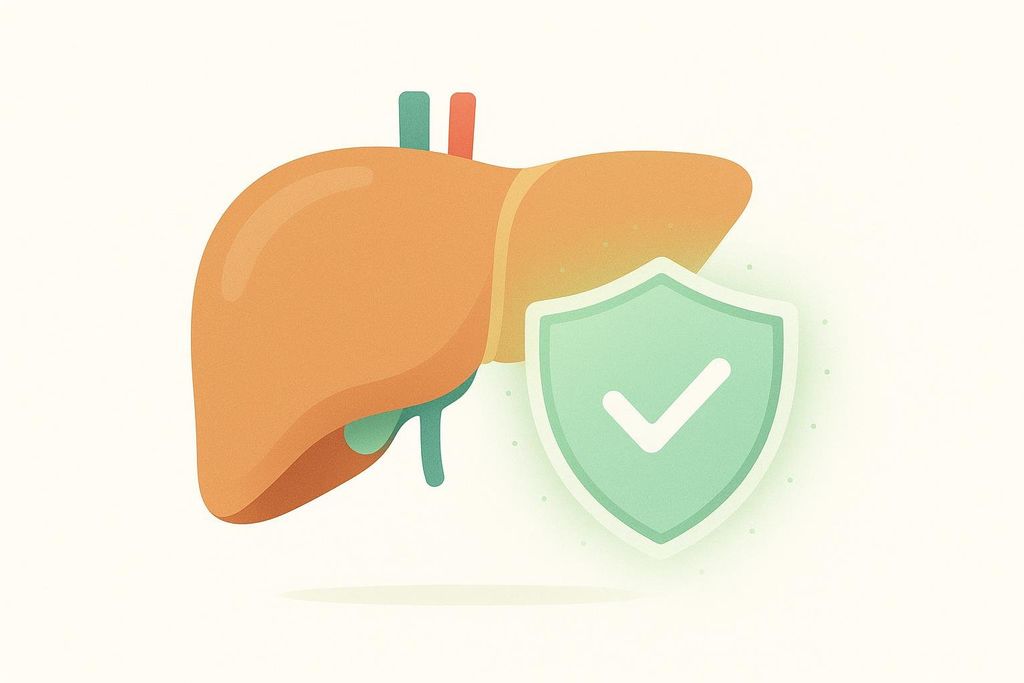 An illustration of a stylized liver in orange and green, next to a green shield with a white checkmark, symbolizing liver protection or wellness.