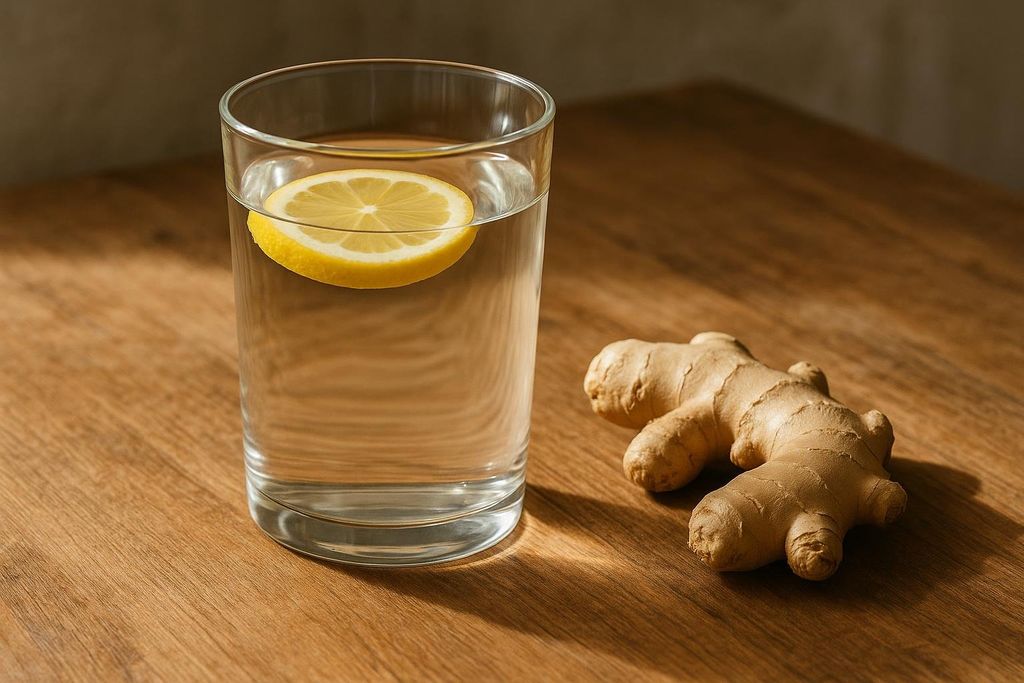 A clear glass of water with a slice of lemon floating in it, next to a piece of ginger root, all sitting on a wooden table.