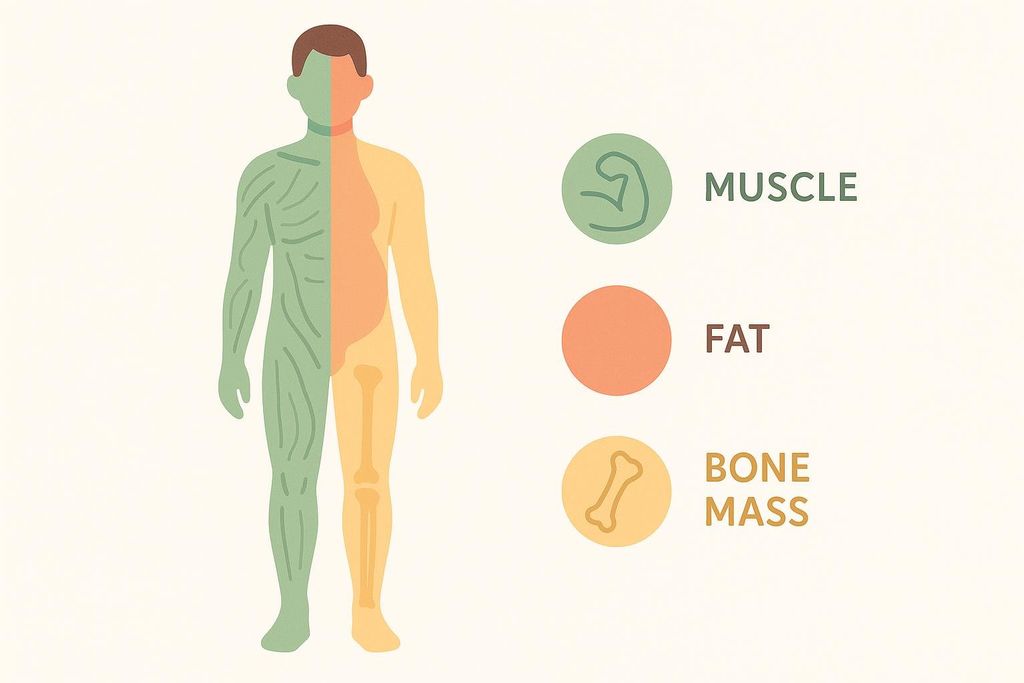 An illustration of a human silhouette divided into three sections, representing muscle (green, left side), fat (orange, right torso), and bone mass (yellow, right leg). A legend to the right uses circles with icons and text to identify each body composition element.