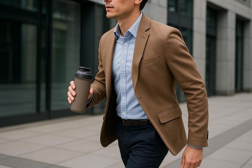 A man in a brown suit and blue shirt holding a protein shaker while walking.