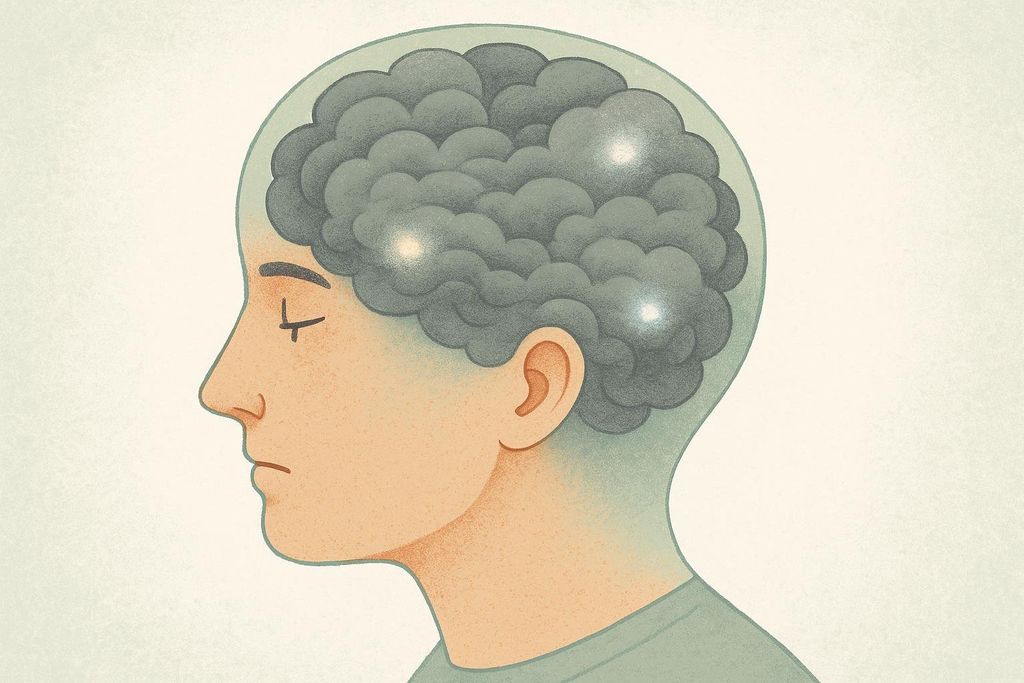 An illustration of a person's head in profile, with their brain area filled with dark grey, cloudy shapes and small points of light, representing the concept of brain fog.