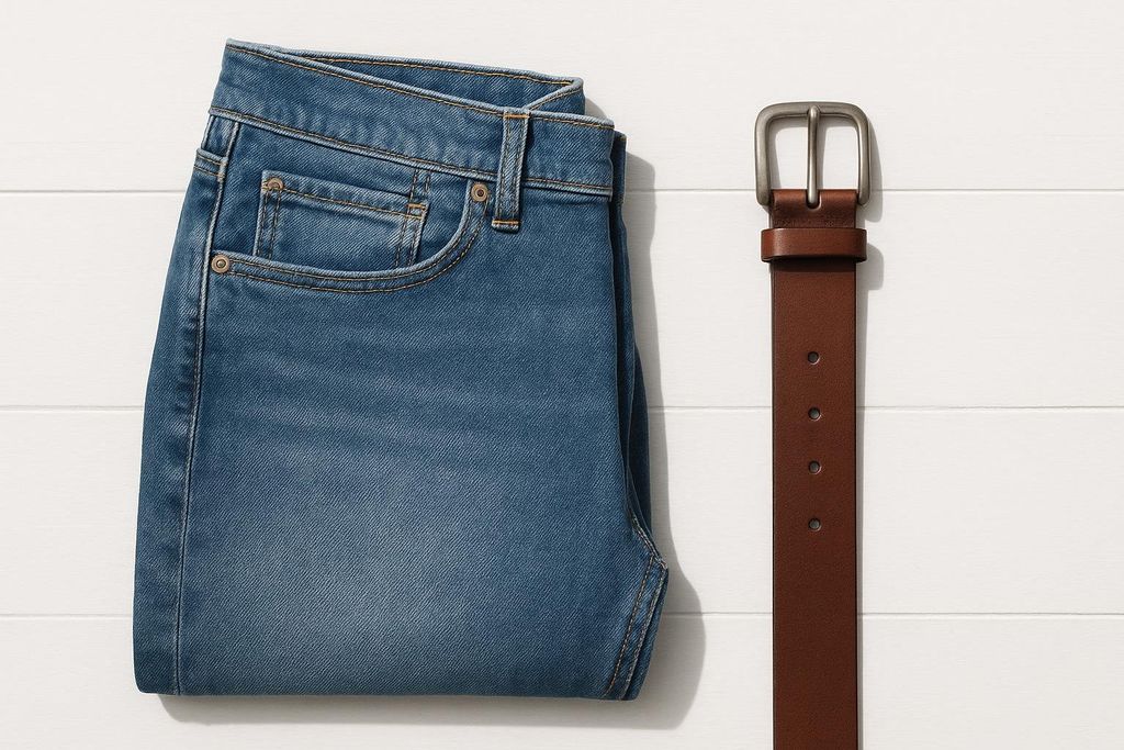 A pair of folded blue jeans lies next to a brown leather belt with a silver buckle on a white wooden surface. The jeans are light blue with some fading and visible seams, and the belt is positioned vertically alongside them.