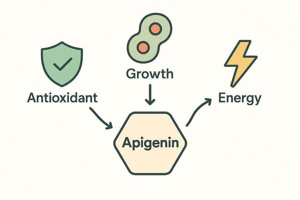 A diagram illustrating the benefits of Apigenin. Arrows point from 'Antioxidant' (represented by a shield icon), 'Growth' (represented by two connected cells icon), and 'Energy' (represented by a lightning bolt icon) towards a central hexagon labeled 'Apigenin', showing that apigenin supports these three pathways.