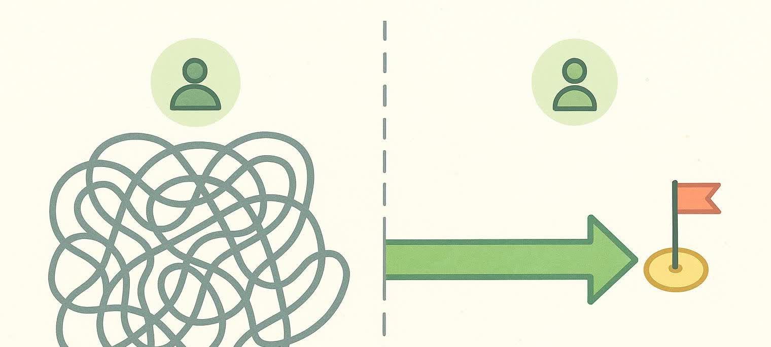 An illustration contrasting two paths for a person's journey. On the left, a person faces a tangled, convoluted path. On the right, the same person faces a direct, straight arrow leading to a flag, symbolizing a clear and simple process. This image represents complex vs. simple processes.