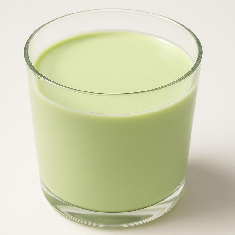 A close-up shot of a clear glass filled with pale green pistachio milk, set against a plain white background.