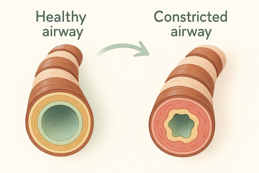 An illustration showing the difference between a clear, healthy airway and a constricted, inflamed asthmatic airway. The healthy airway on the left has a wide, open lumen, while the constricted airway on the right shows a narrowed and irregular lumen with thickened, inflamed walls.