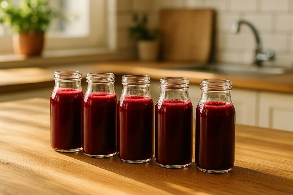 Five small glass bottles filled with dark red beetroot juice, with a thin layer of foam on top, sitting in a row on a wooden countertop. The background shows a blurry kitchen setting with a sink and a plant.