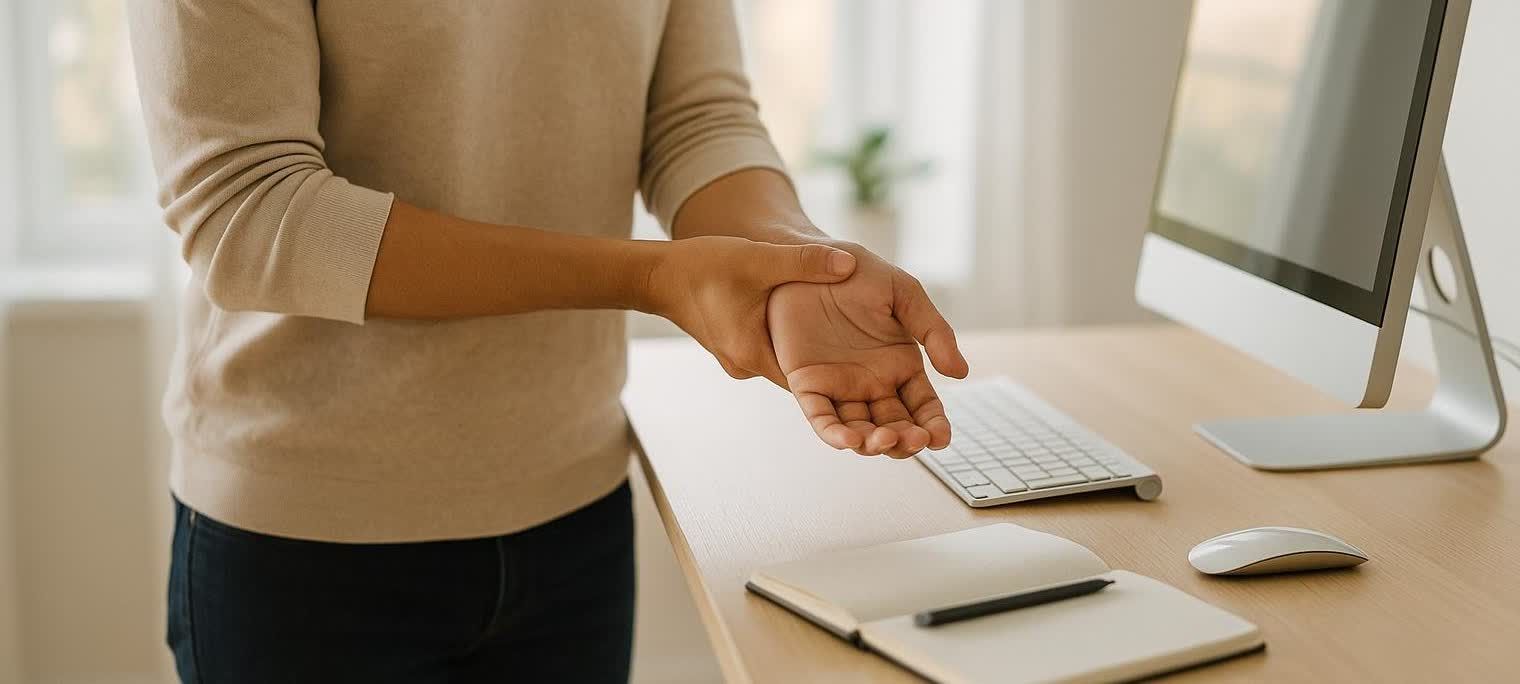 A person stands at a light wooden desk, holding and gently massaging their left wrist with their right hand, as if experiencing pain or discomfort. In the background, there's a computer monitor, keyboard, mouse, and an open notebook with a pen.